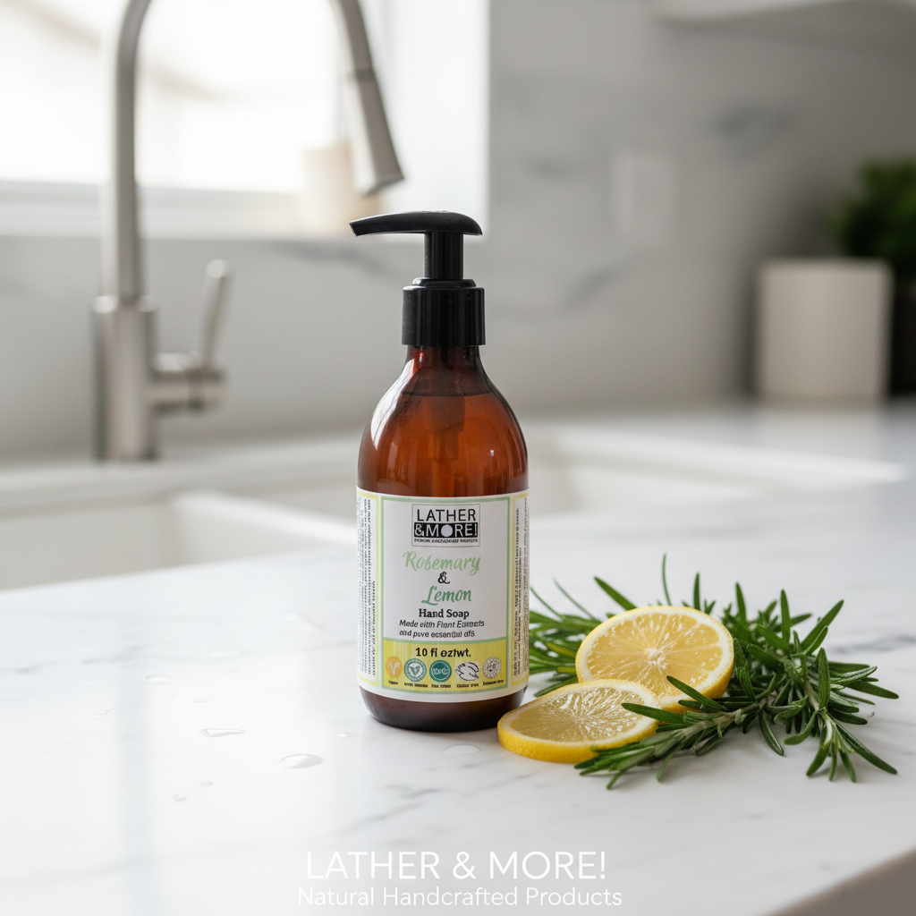 An amber glass pump bottle of Lather & More Rosemary and Lemon Hand Soap sits on a white marble countertop with lemon slices and rosemary sprigs, with a blurred kitchen sink in the background.