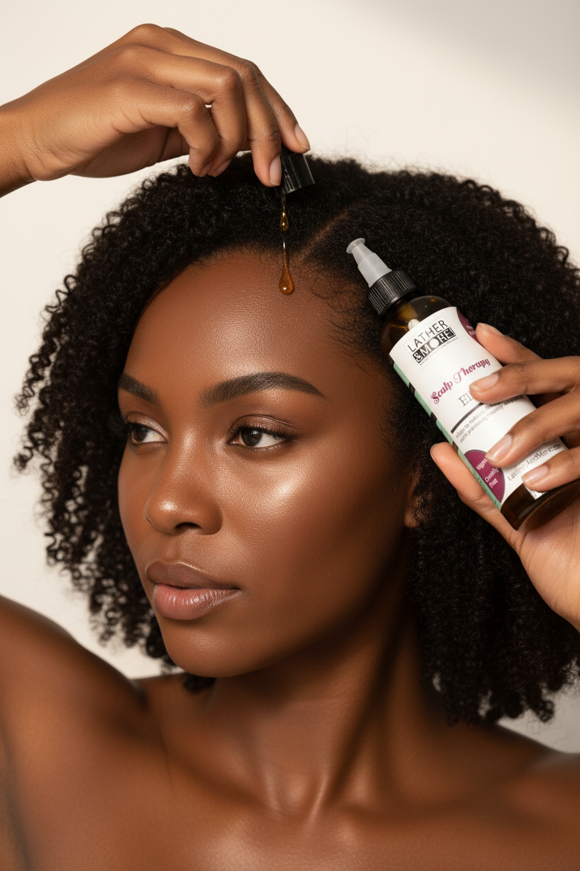 A woman with dark curly hair applies a Lather and More Scalp Therapy hair oil from a squeeze bottle, with a single drop of the amber liquid dripping onto her scalp. She is holding a white bottle labeled 'Hair Oil' in one hand and applying the product with the other hand, set against a clean, light beige background.