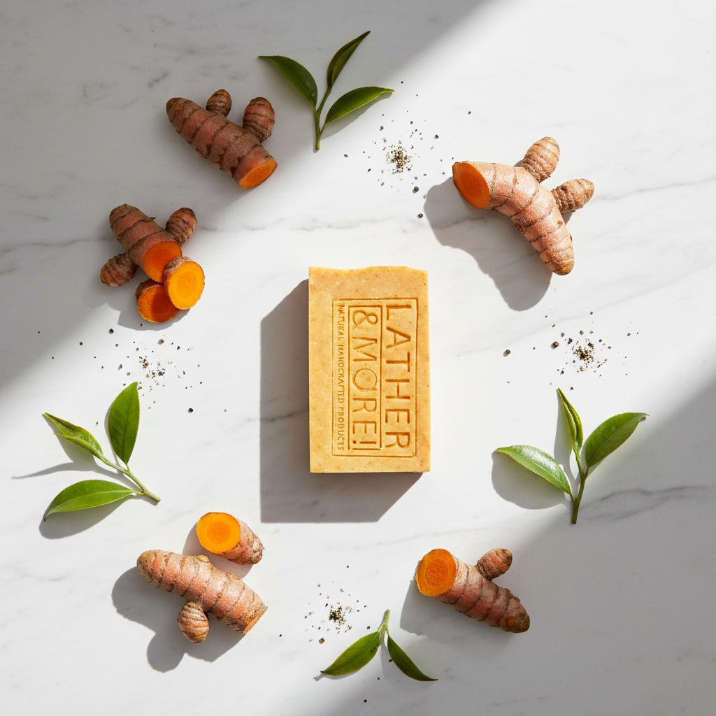 Tea Tree and Turmeric Soap ingredient flat lay