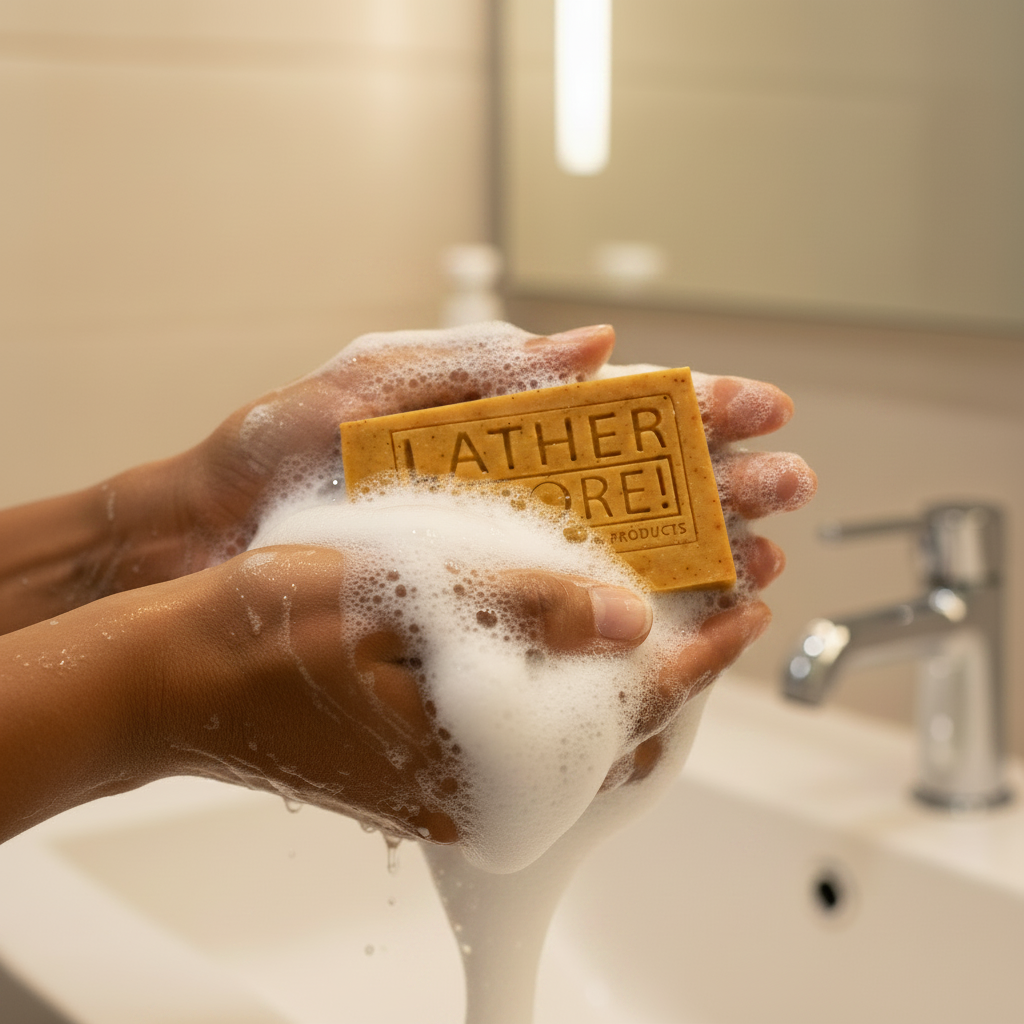 Tea Tree and Turmeric Soap lifestyle shot with corrected golden-orange color
