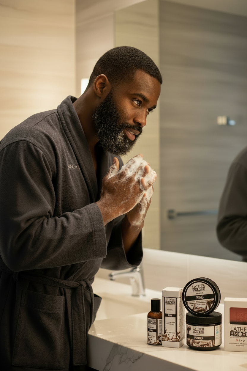 A man in a dark gray bathrobe lathered soap on his hands in a bathroom, with several Lathered by Lucas skincare products arranged on the white marble counter in front of him.