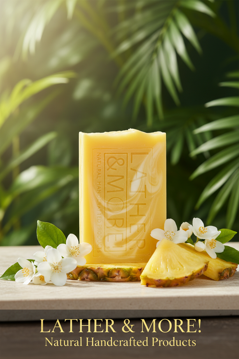 A rectangular yellow soap bar labeled 'LATHER & MORE!'  White Jasmone and Pineapple stands on a wooden surface with pineapple slices and white flowers around it, set against a blurred tropical green leaf background. Text at the bottom reads 'LATHER & MORE! Natural Handcrafted Products.