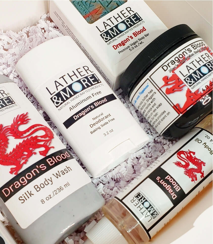 Lather and More's Dragon's blood products as a gift set